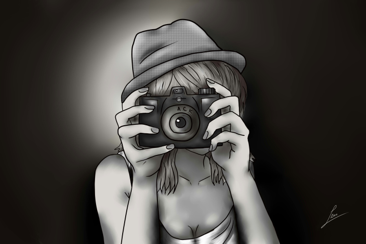 Black And White Drawing Of Girl With Camera screenshot #1