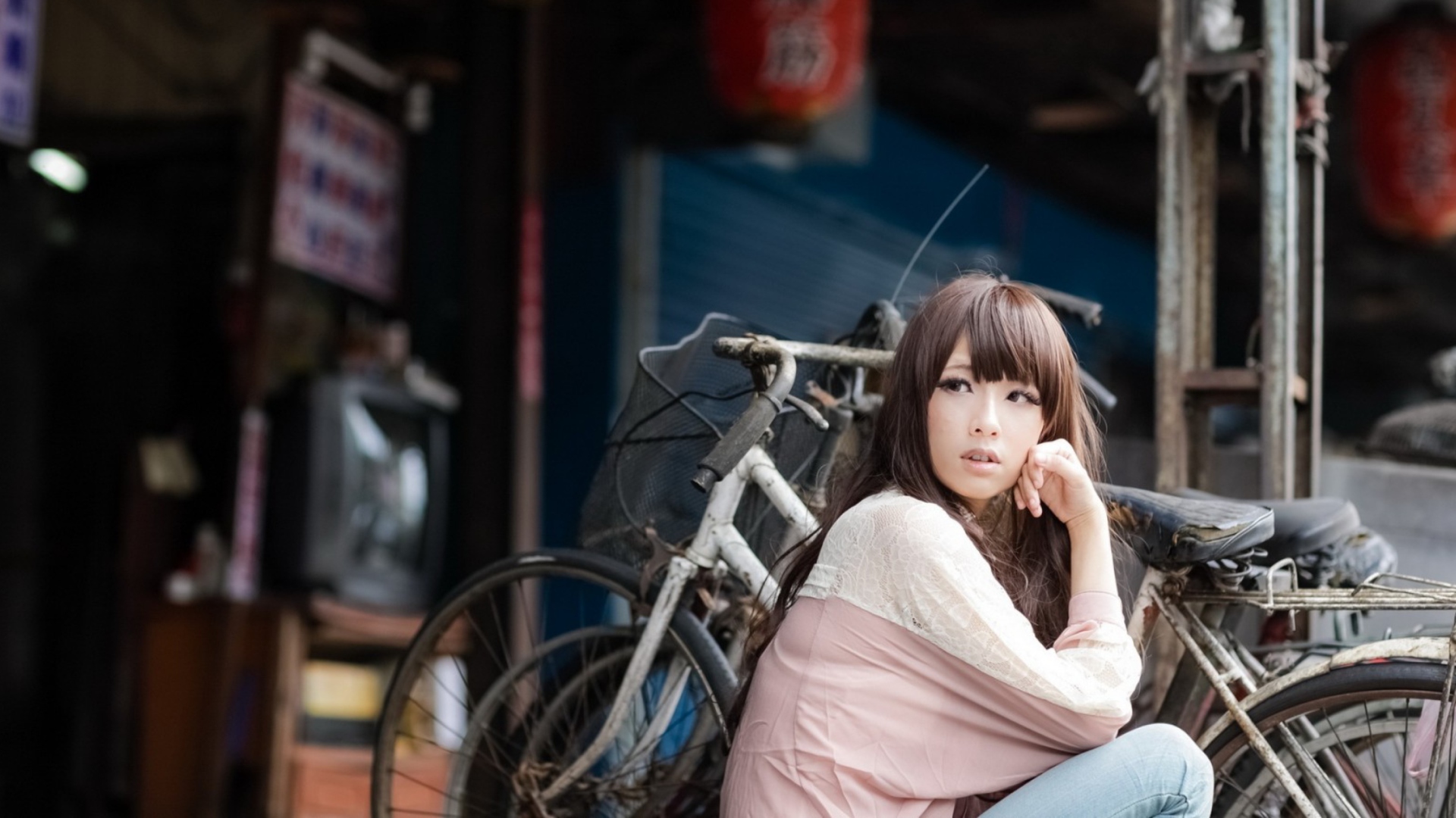Cute Asian Girl With Bicycle wallpaper 1920x1080