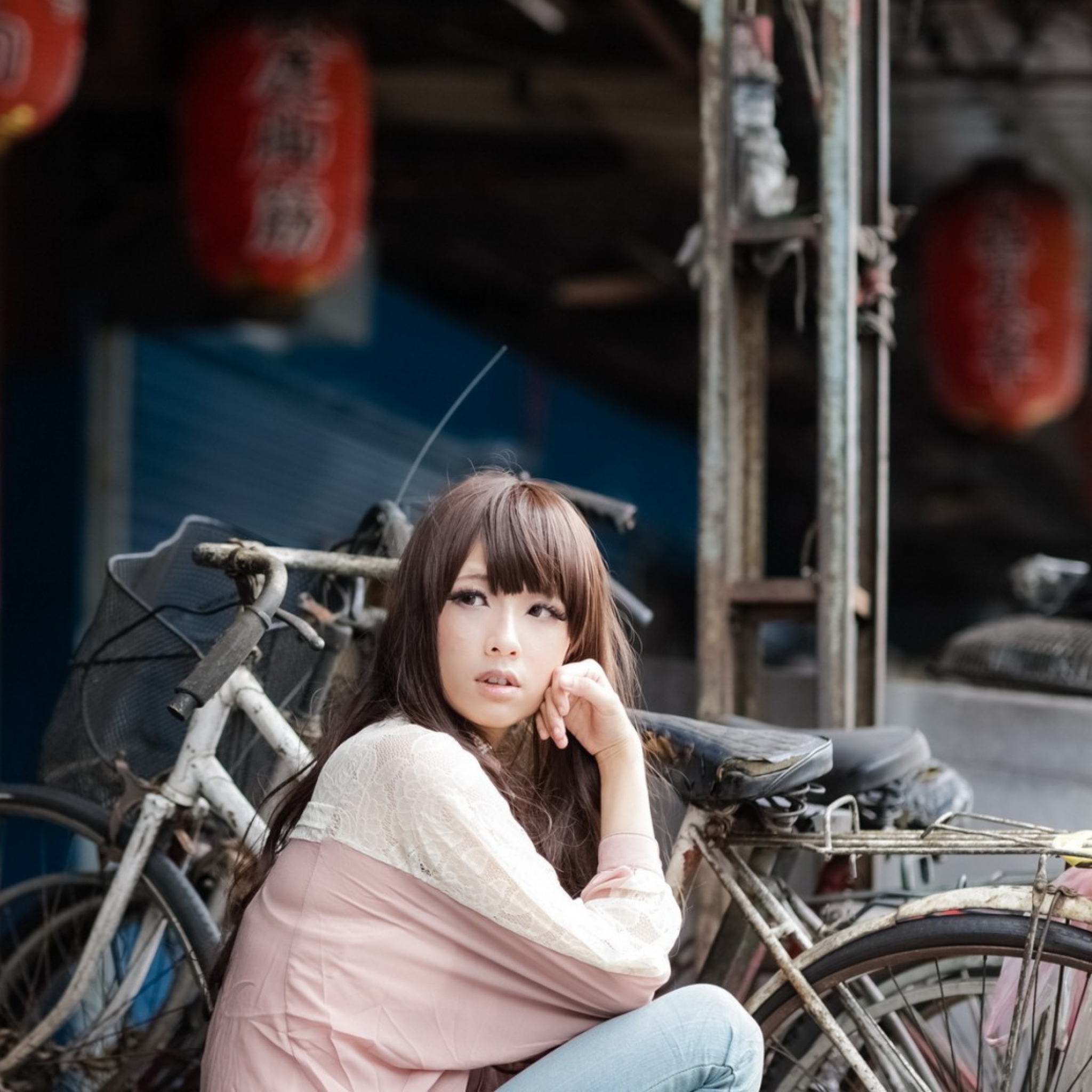 Cute Asian Girl With Bicycle wallpaper 2048x2048