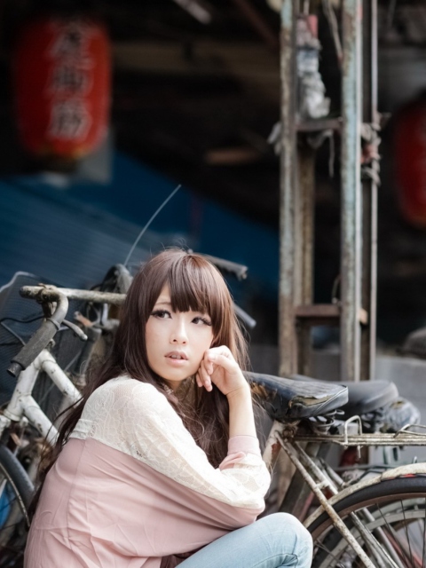 Cute Asian Girl With Bicycle wallpaper 480x640