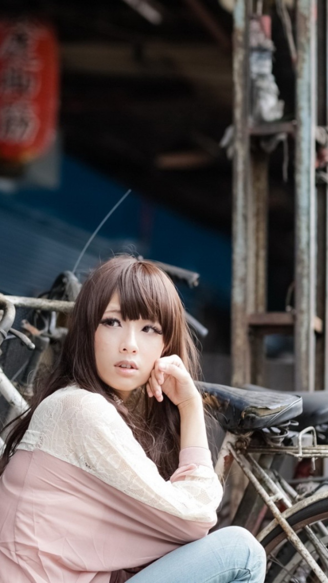 Cute Asian Girl With Bicycle wallpaper 640x1136