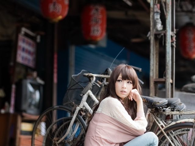 Cute Asian Girl With Bicycle wallpaper 640x480