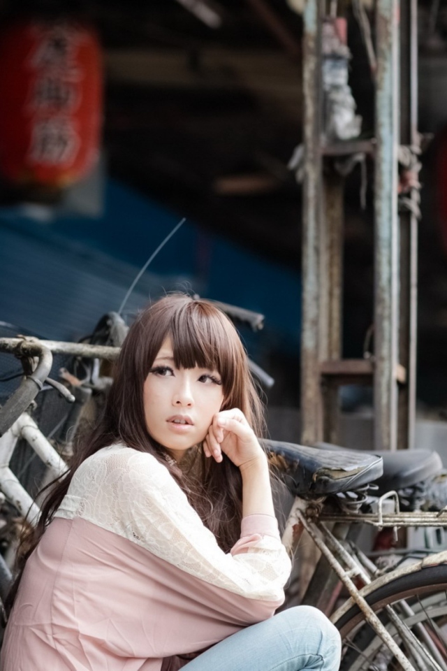 Cute Asian Girl With Bicycle wallpaper 640x960