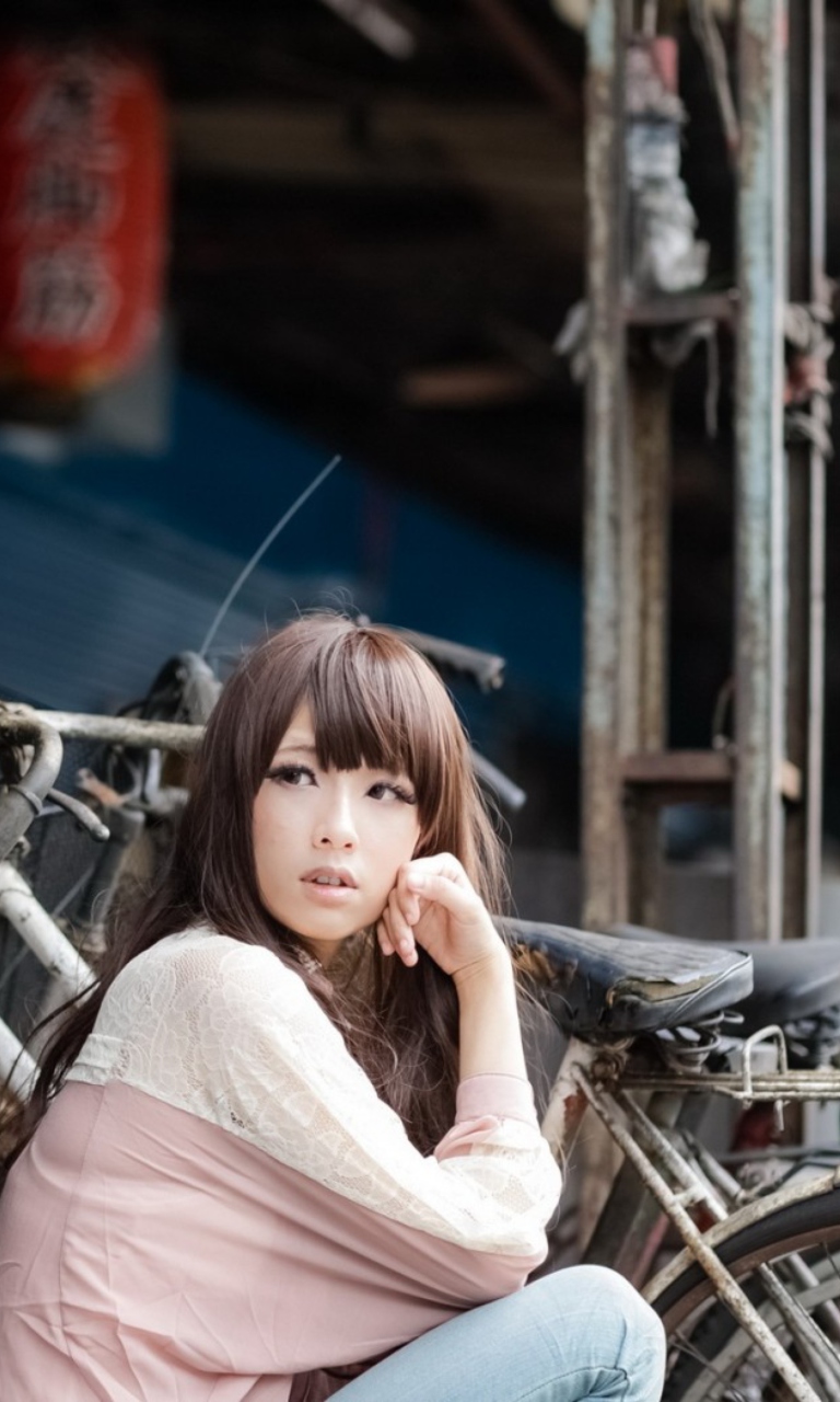 Sfondi Cute Asian Girl With Bicycle 768x1280