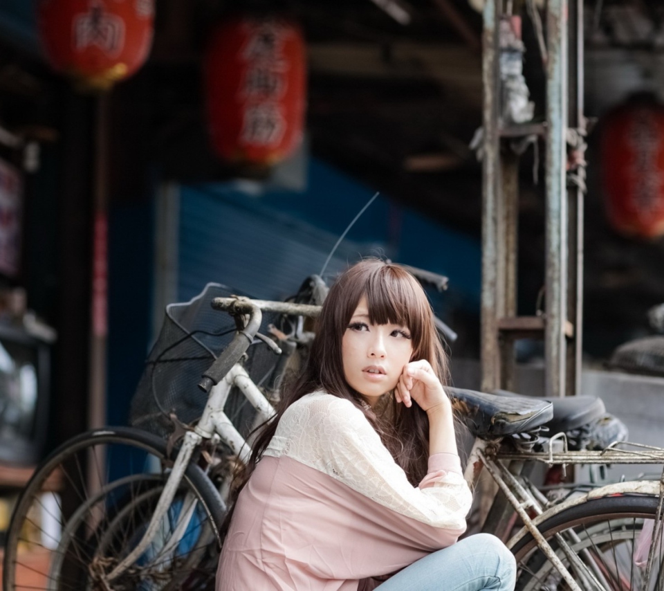 Cute Asian Girl With Bicycle wallpaper 960x854