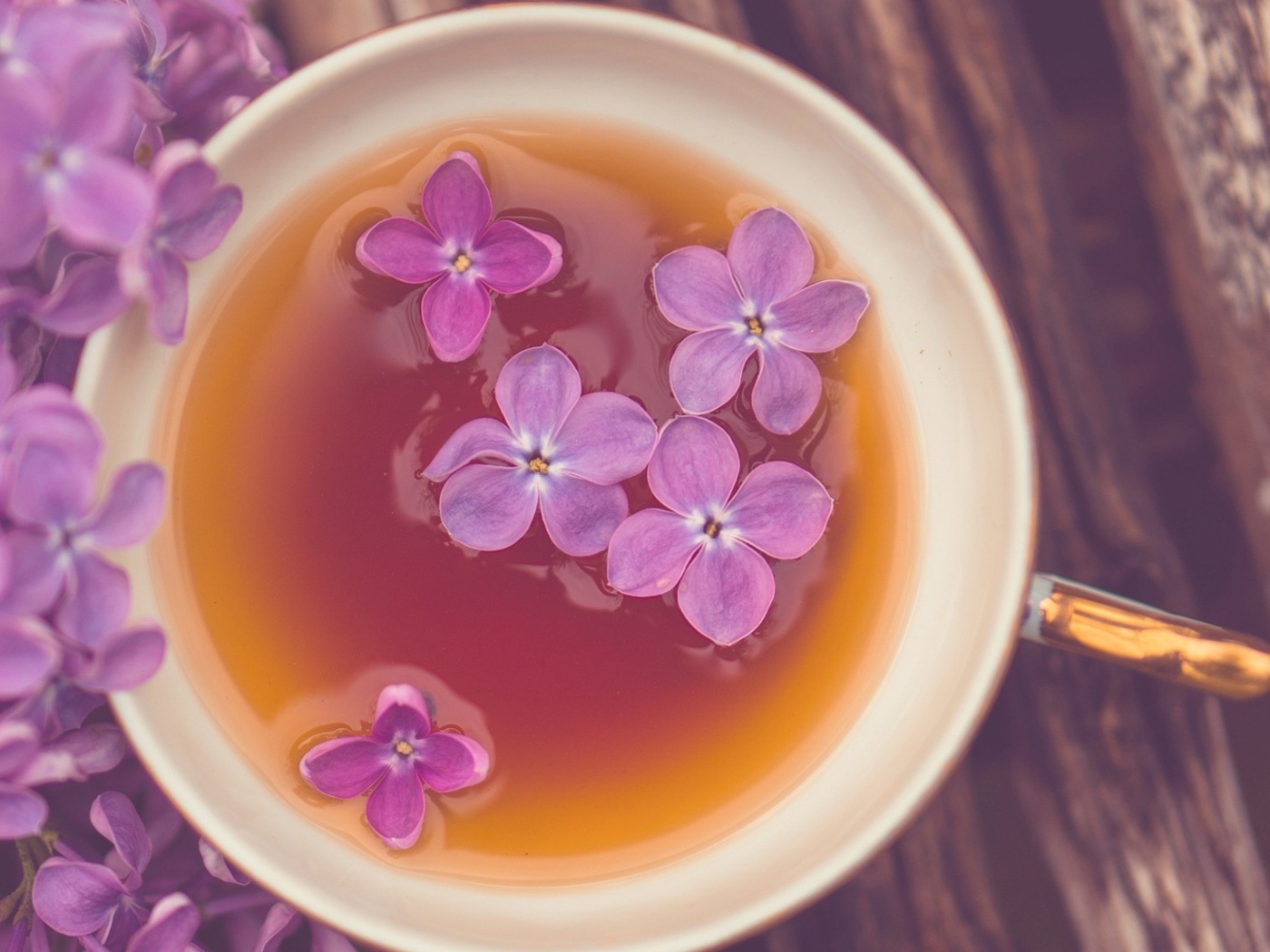 Das Cup Of Tea And Lilac Flowers Wallpaper 1400x1050