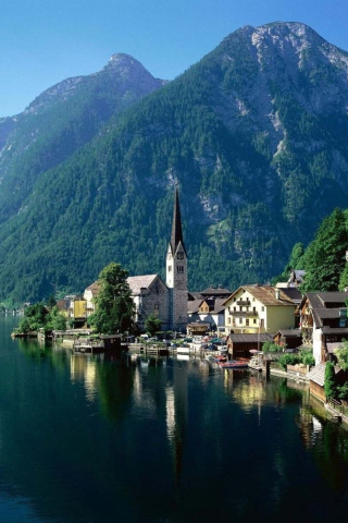 Mountain Lake Town wallpaper 320x480