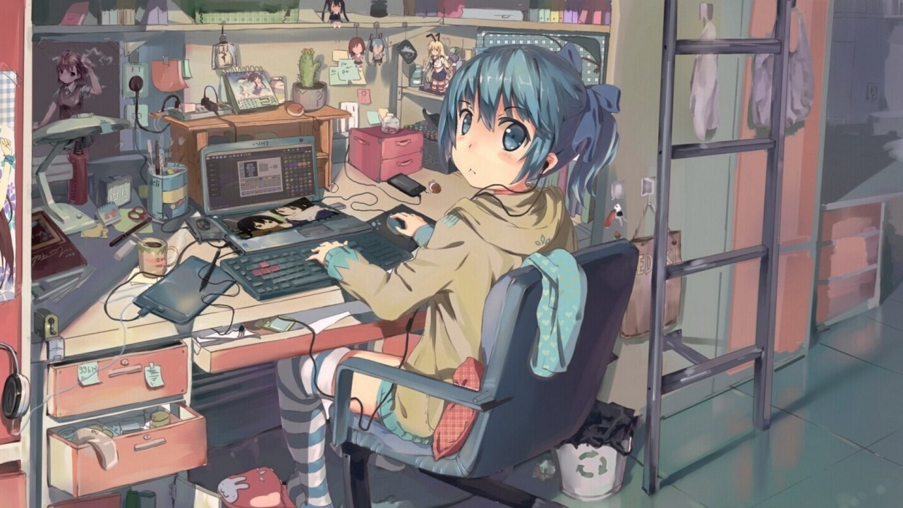 Anime girl Computer designer wallpaper 1280x720