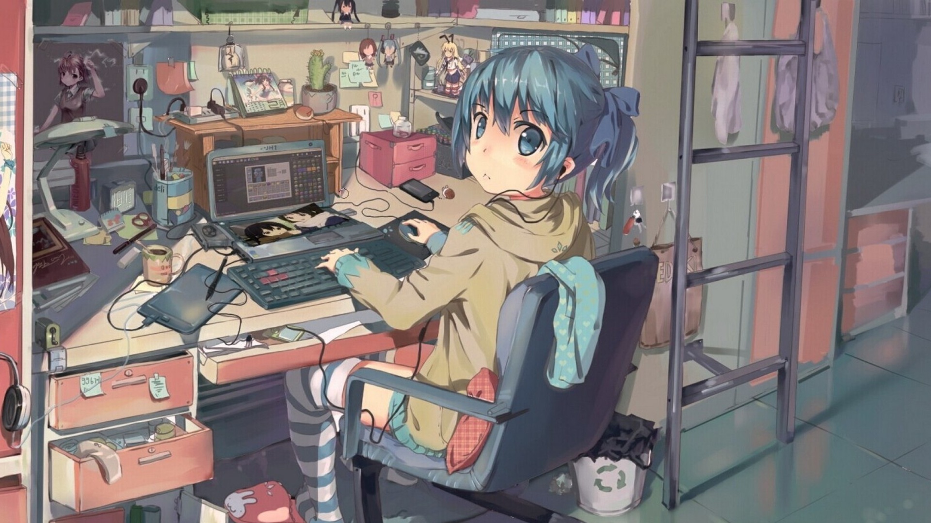 Anime girl Computer designer wallpaper 1920x1080