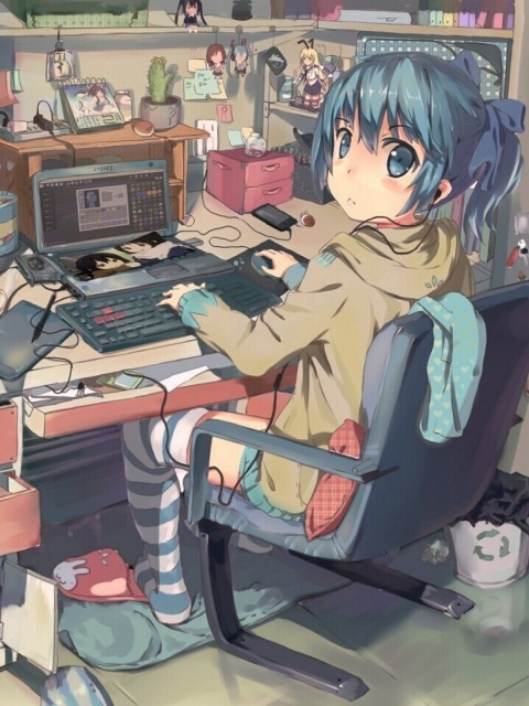 Anime girl Computer designer wallpaper 480x640