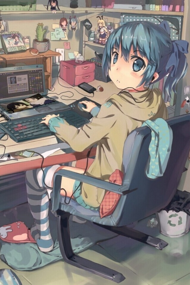 Das Anime girl Computer designer Wallpaper 640x960