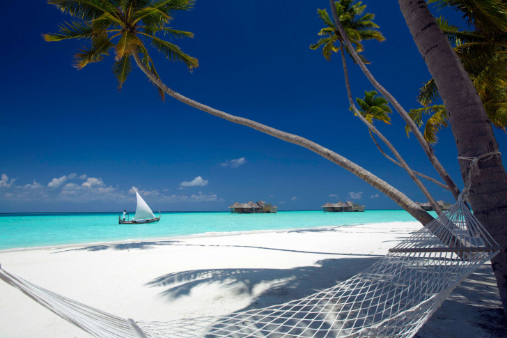 Beach With View Of Ocean And White Boat wallpaper