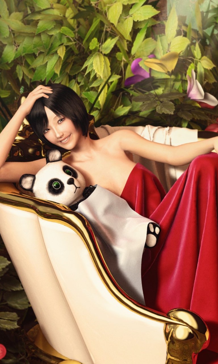 Das Asian Girl And Panda Wallpaper 768x1280