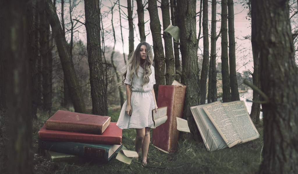 Fondo de pantalla Forest Nymph Surrounded By Books 1024x600