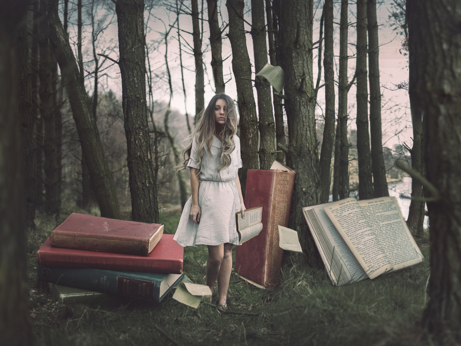 Forest Nymph Surrounded By Books wallpaper 1600x1200
