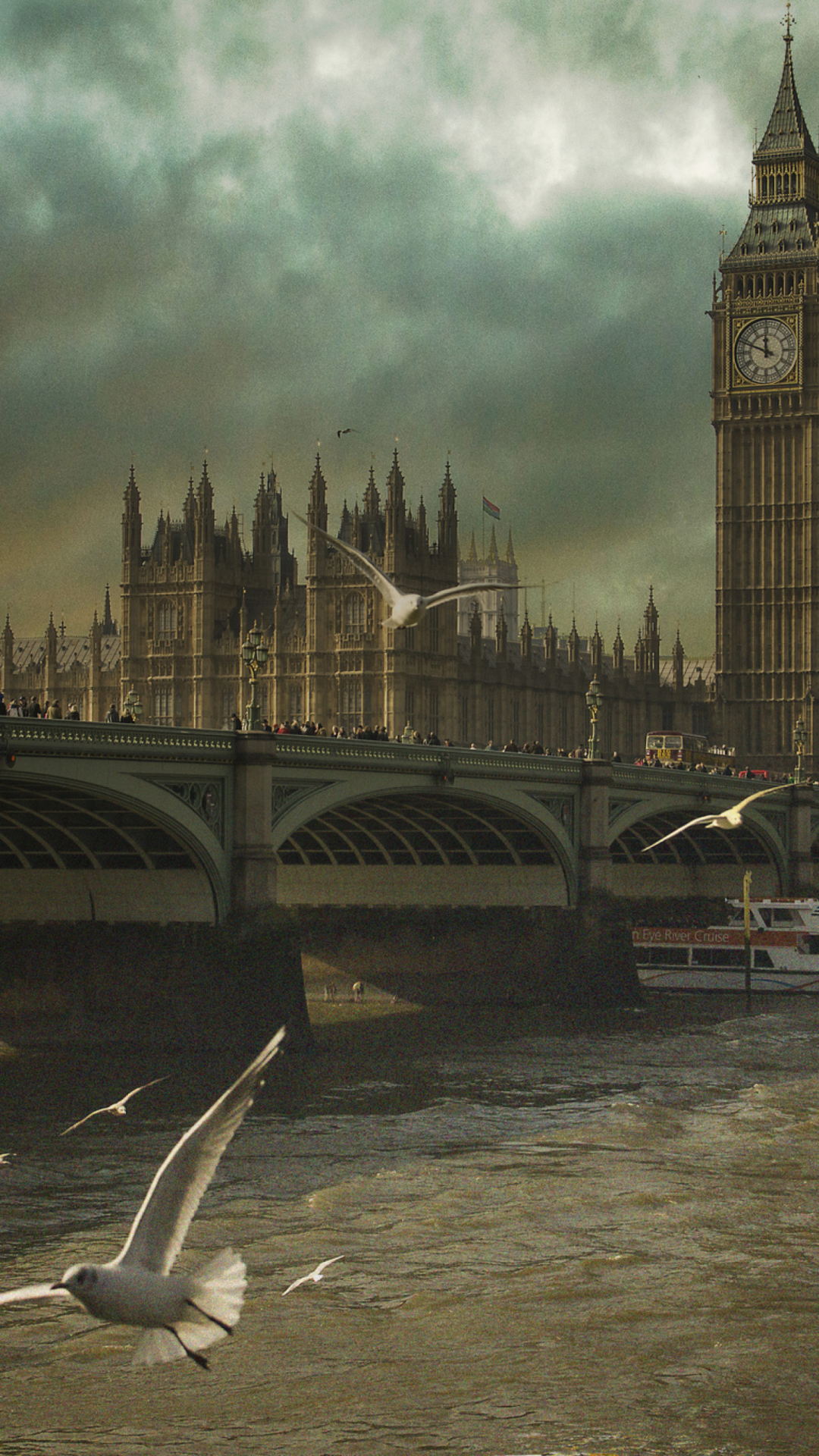 Sfondi Dramatic Big Ben And Seagulls In London England 1080x1920