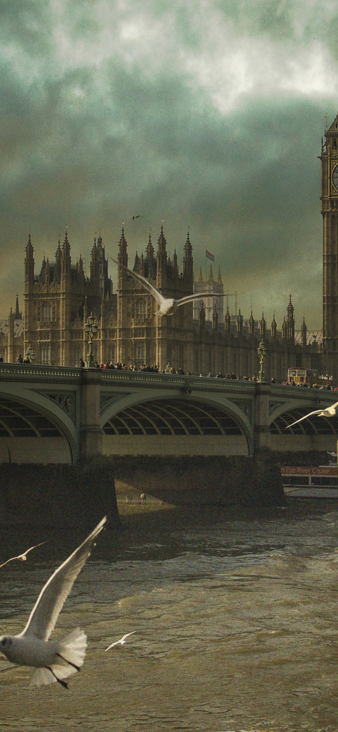 Das Dramatic Big Ben And Seagulls In London England Wallpaper 1170x2532