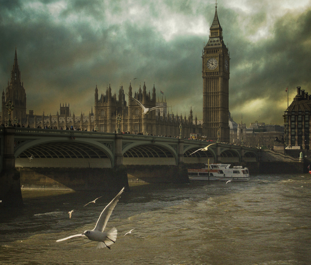 Fondo de pantalla Dramatic Big Ben And Seagulls In London England 1200x1024