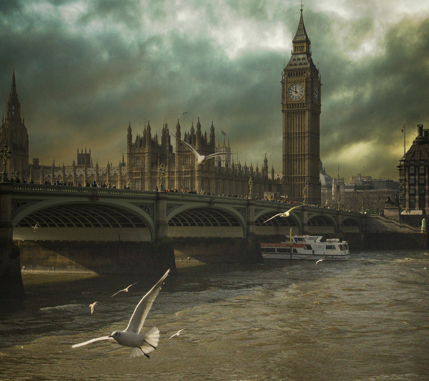 Das Dramatic Big Ben And Seagulls In London England Wallpaper 1440x1280