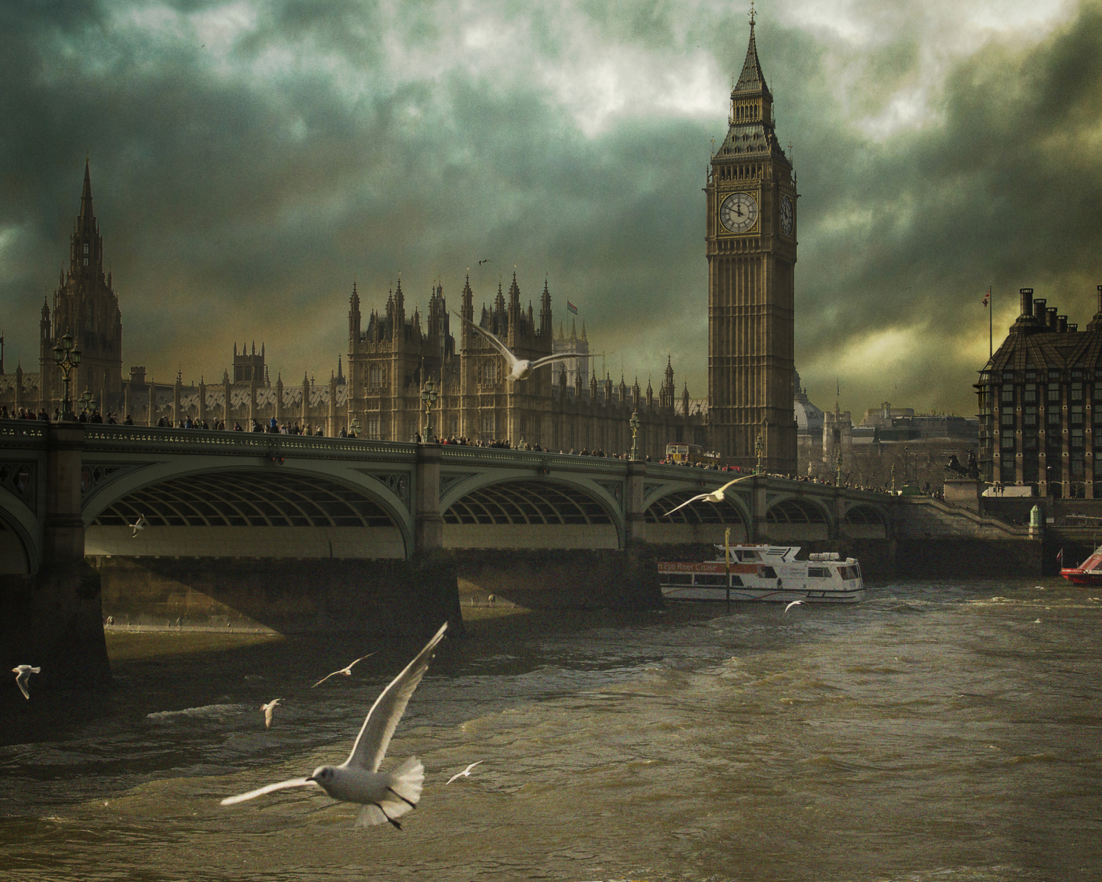 Das Dramatic Big Ben And Seagulls In London England Wallpaper 1600x1280