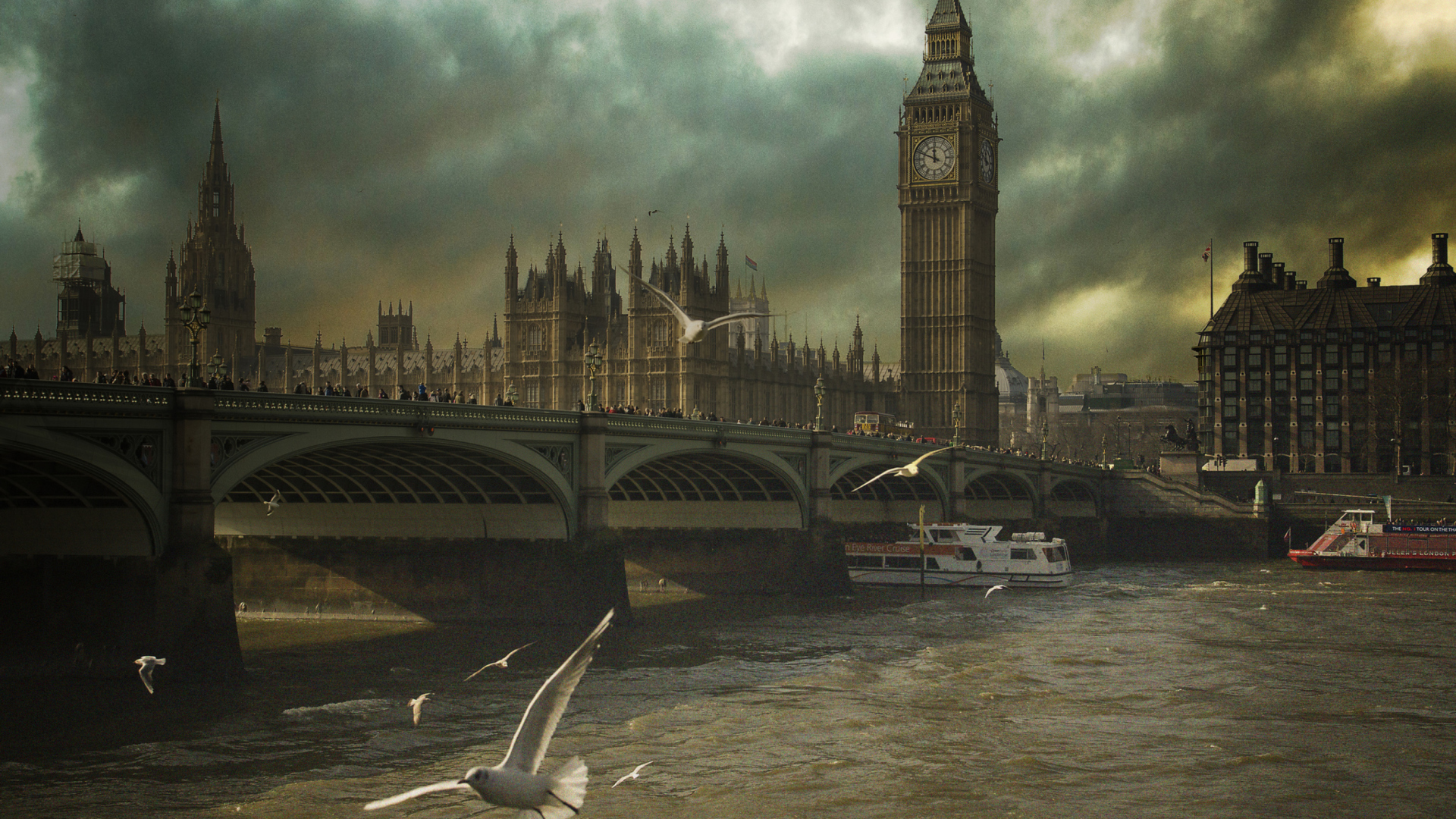 Sfondi Dramatic Big Ben And Seagulls In London England 1920x1080