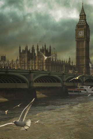 Fondo de pantalla Dramatic Big Ben And Seagulls In London England 320x480