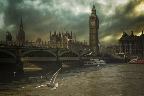Обои Dramatic Big Ben And Seagulls In London England 480x320