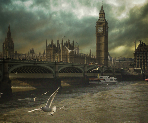 Sfondi Dramatic Big Ben And Seagulls In London England 480x400