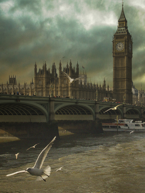 Das Dramatic Big Ben And Seagulls In London England Wallpaper 480x640