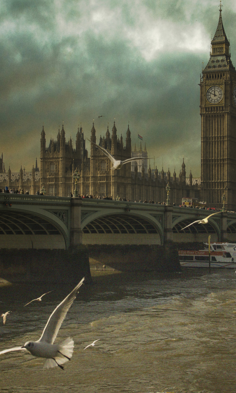 Sfondi Dramatic Big Ben And Seagulls In London England 480x800