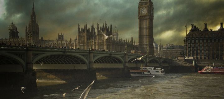 Sfondi Dramatic Big Ben And Seagulls In London England 720x320