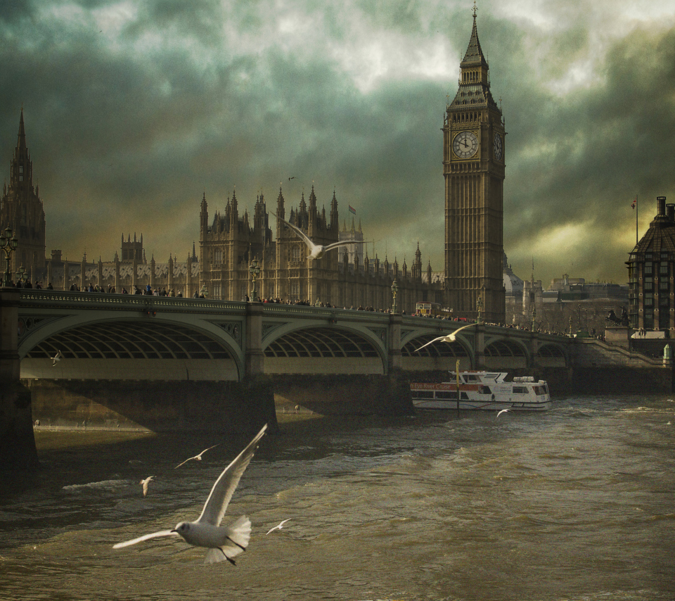 Обои Dramatic Big Ben And Seagulls In London England 960x854