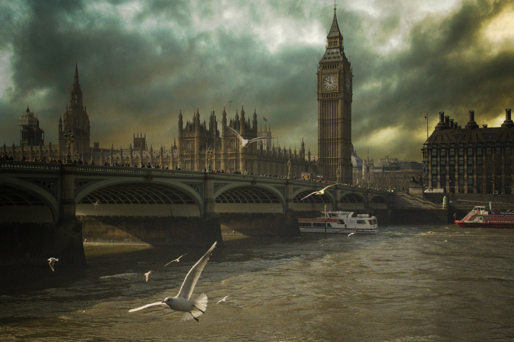 Обои Dramatic Big Ben And Seagulls In London England