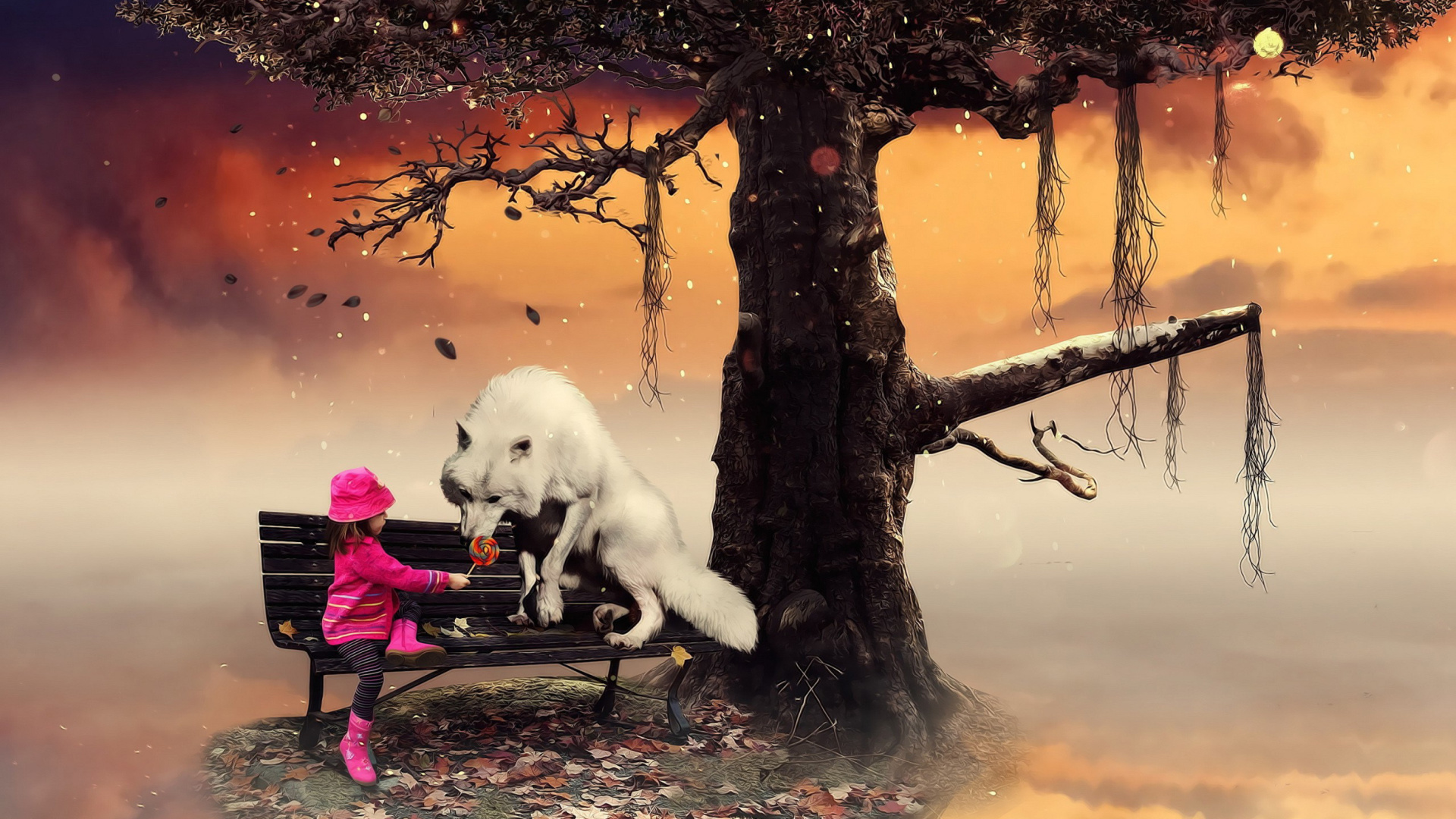 Обои Little Red Riding Hood and Wolf 1920x1080