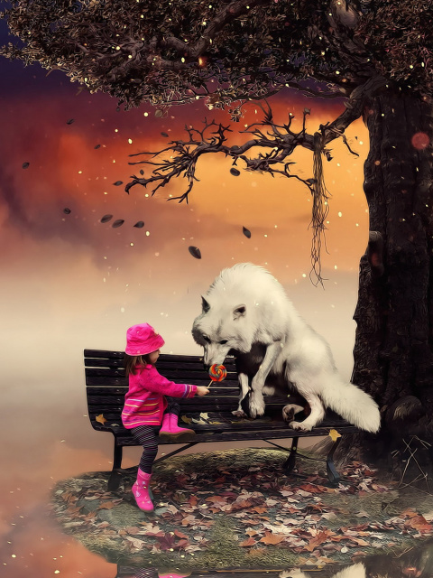 Little Red Riding Hood and Wolf wallpaper 480x640