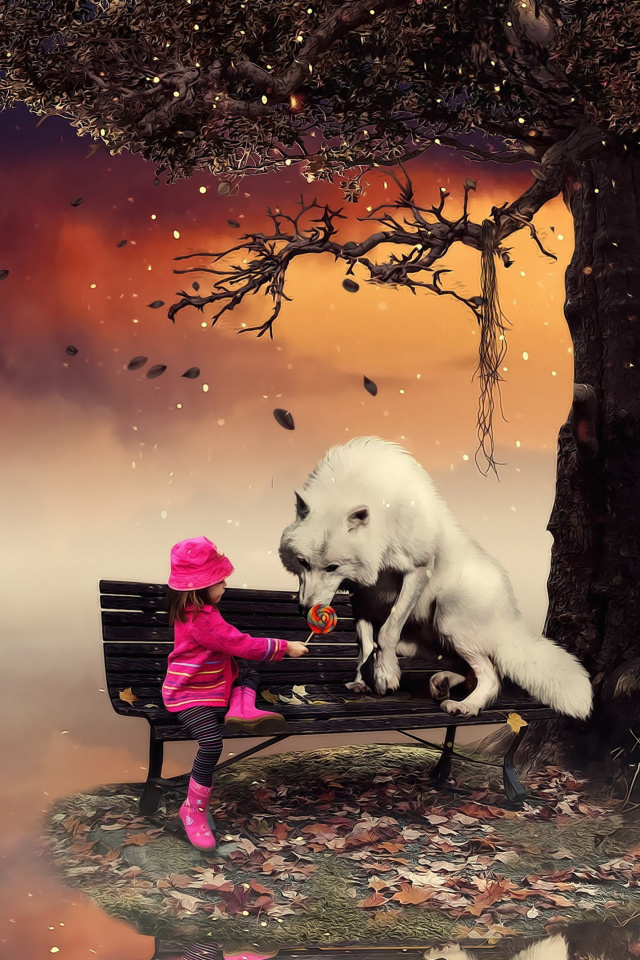 Little Red Riding Hood and Wolf wallpaper 640x960