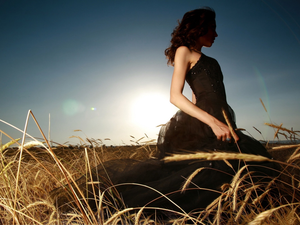 Girl In Black Dress In Fields wallpaper 1024x768