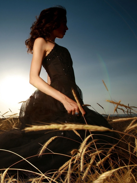 Sfondi Girl In Black Dress In Fields 480x640