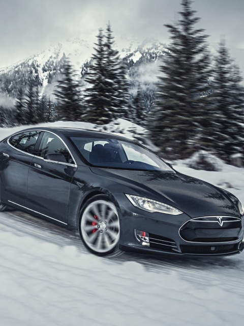 Fondo de pantalla Tesla Model S P85D on Snow 480x640