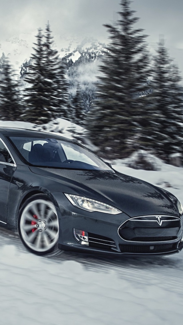Fondo de pantalla Tesla Model S P85D on Snow 640x1136