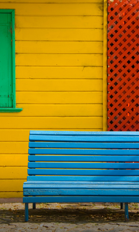 Fondo de pantalla Colorful Houses and Bench 480x800