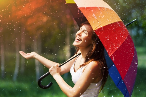 Das Happy Girl With Rainbow Umbrella Under Summer Rain Wallpaper 480x320