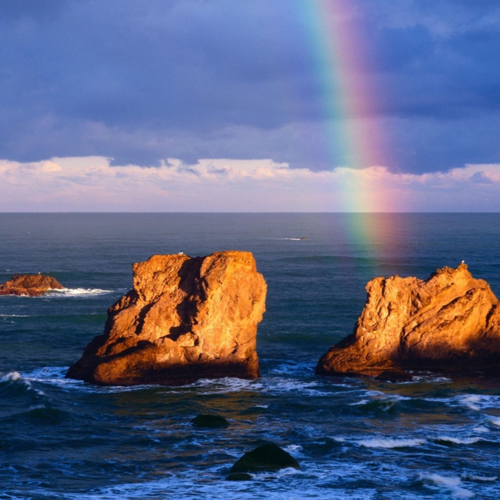 Sfondi Ocean, Rocks And Rainbow 1024x1024