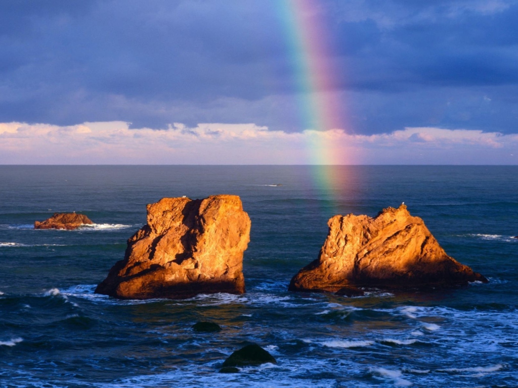 Das Ocean, Rocks And Rainbow Wallpaper 1024x768