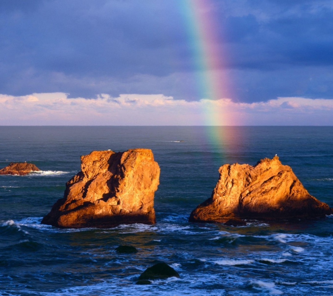 Das Ocean, Rocks And Rainbow Wallpaper 1080x960