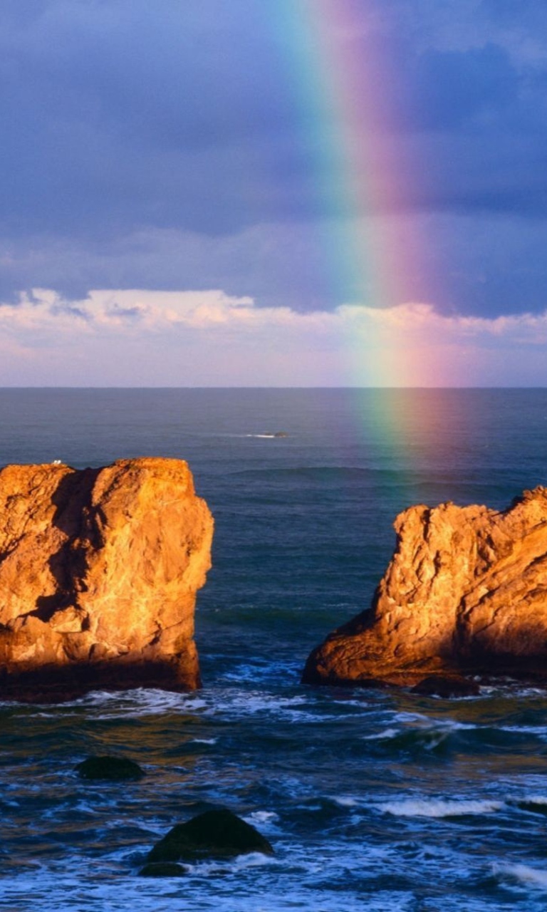 Обои Ocean, Rocks And Rainbow 768x1280
