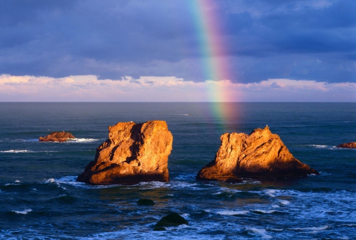 Ocean, Rocks And Rainbow wallpaper