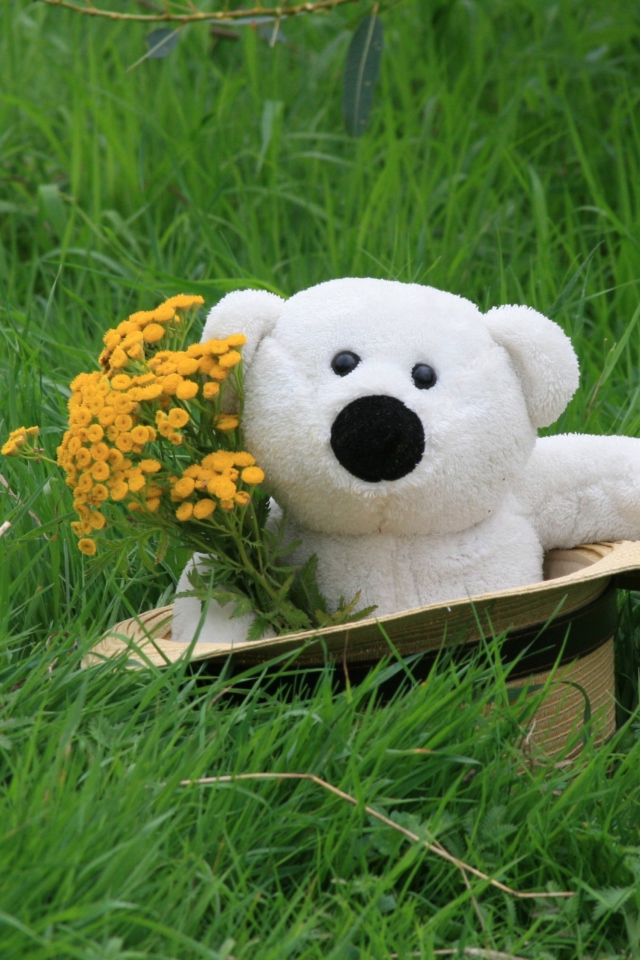 Das White Teddy With Flower Bouquet Wallpaper 640x960