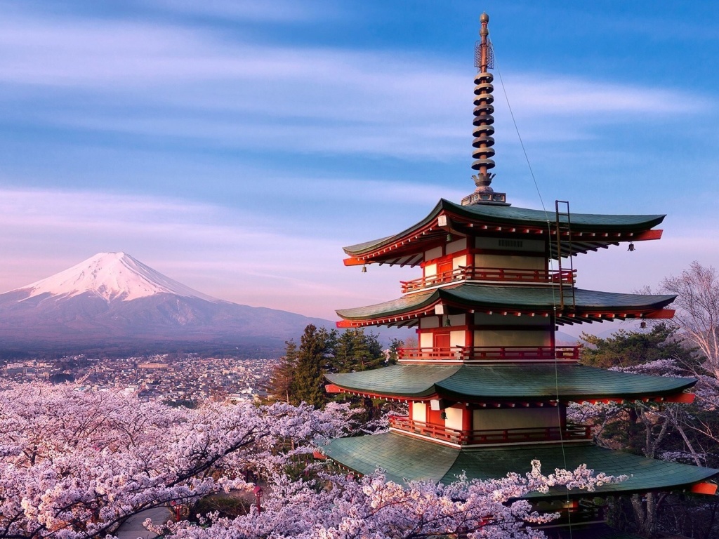 Fondo de pantalla Chureito Pagoda near Mount Fuji 1024x768