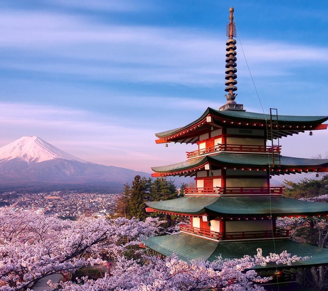 Обои Chureito Pagoda near Mount Fuji 1080x960